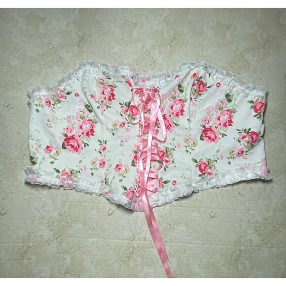 Floral Lace-Up Corset Top With Ruffled Trim 4XL White & Pink Feminine Coquette - Picture 1 of 4